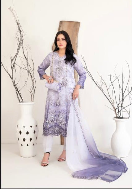 D - 2223 - Semi-Stitched Fancy Heavy Embroidered Organza with complementaryclutch suit